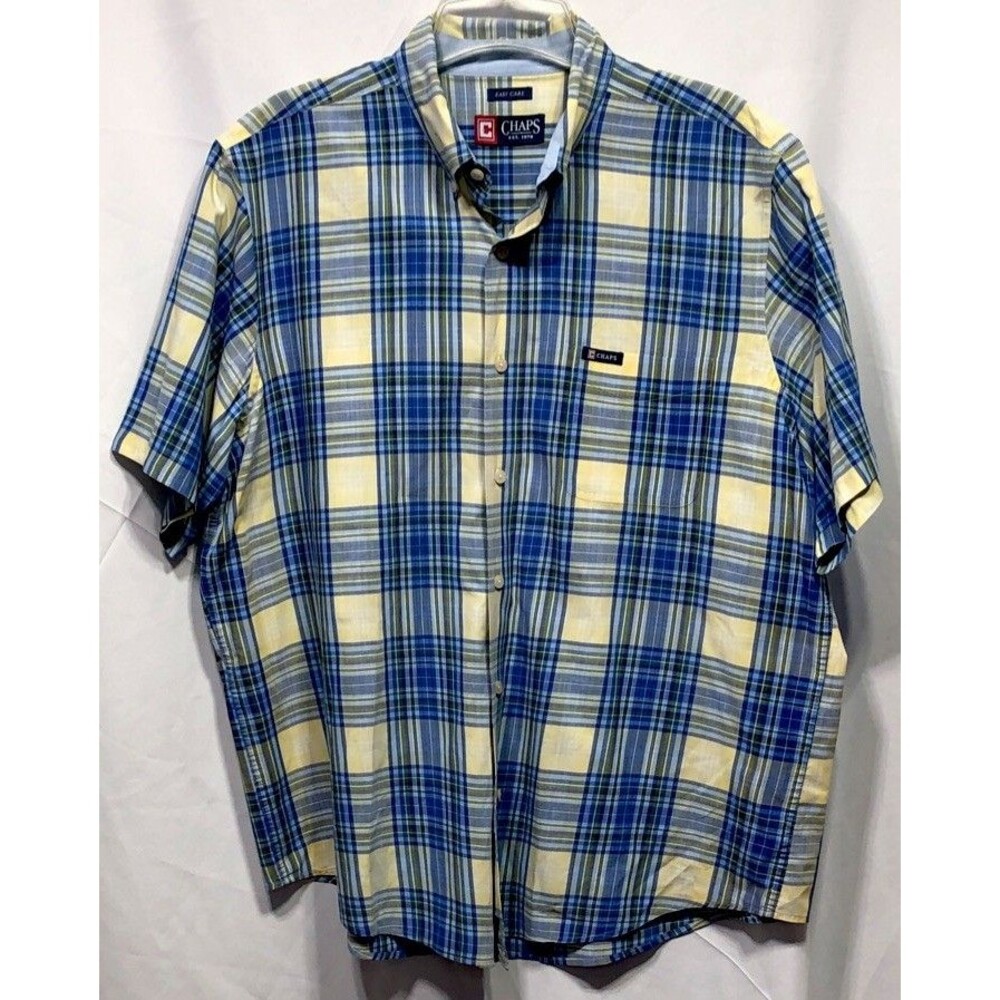 Chaps Ralph Lauren Oxford shirt XL blue yellow plaid Buttonup shortsleeve pocket